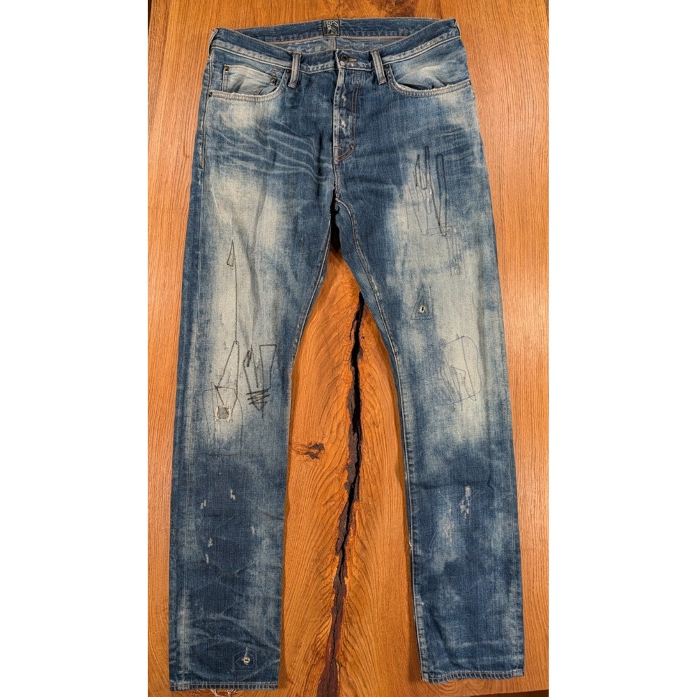 PRPS Goods & Co Demon Fit Distressedβ Embroidered Blue Jeans Mens Button Fly
